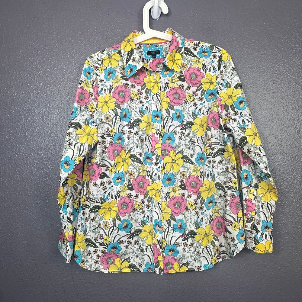 Talbots Button Down Top Medium Petite Floral  Lightweight Tropical Long Sleeves